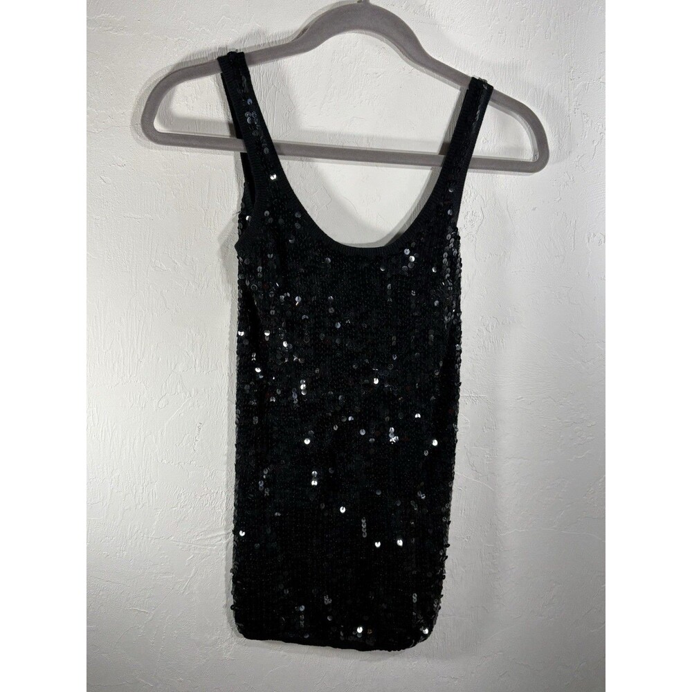 Bebe Black Sequin Silk Sz Small Woman’s Tank Top Stretch Party, Cocktail Shirt - Picture 4 of 8